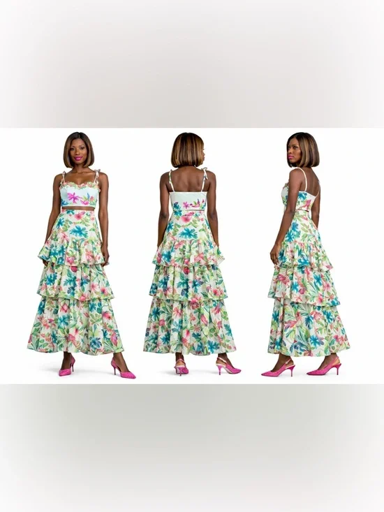 Floral Tiered Ruffle Maxi Skirt & Top Set - Multicolor - Picture 2 of 6